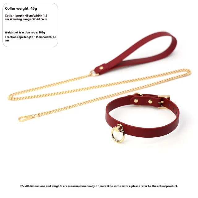 Leather Genuine Cowhide Neck Binding Collar Wine Red Pu Collar Drag Chain - Shop at LoveMi