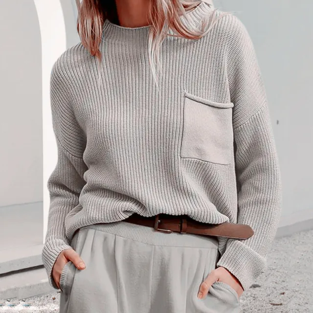 Women's Fashionable Simple Round Neck Long Sleeve Pocket Sweater Grey - Shop at LoveMi