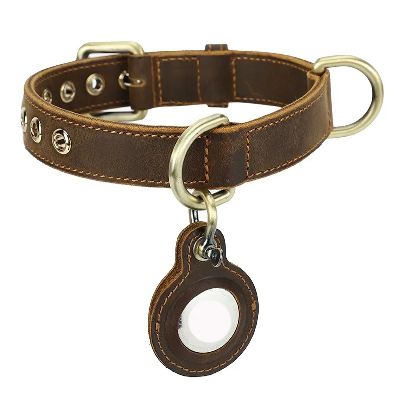 Retro Double-sided Cowhide Dog Collar Handmade Halter Positioning Tracking Anti-lost - Brown Small