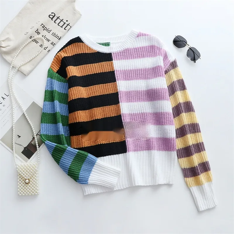 Striped Loose Temperament Commuter Round Neck Pullover Women's Sweater - White