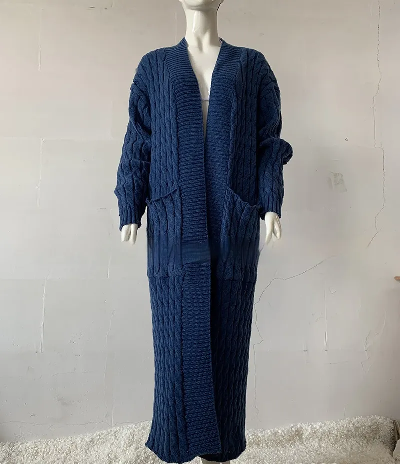 Long Knitwear Cardigan Pocket A Long Sweater Thickened Coat European And American - Denim Blue