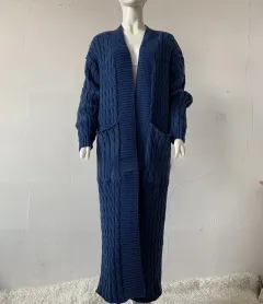 Long Knitwear Cardigan Pocket A Long Sweater Thickened Coat European And American - Denim Blue - View 1