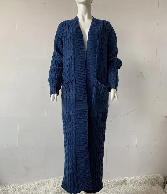 Long Knitwear Cardigan Pocket A Long Sweater Thickened Coat European And American Denim Blue - Shop at LoveMi