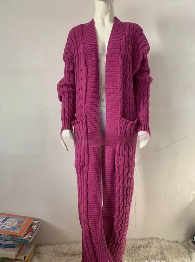 Long Knitwear Cardigan Pocket A Long Sweater Thickened Coat European And American Deep Rose Red - Shop at LoveMi