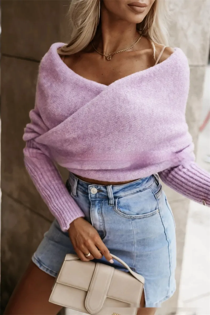 V-neck Cross Multi-color Sweater Trend Off The Shoulder - Purple
