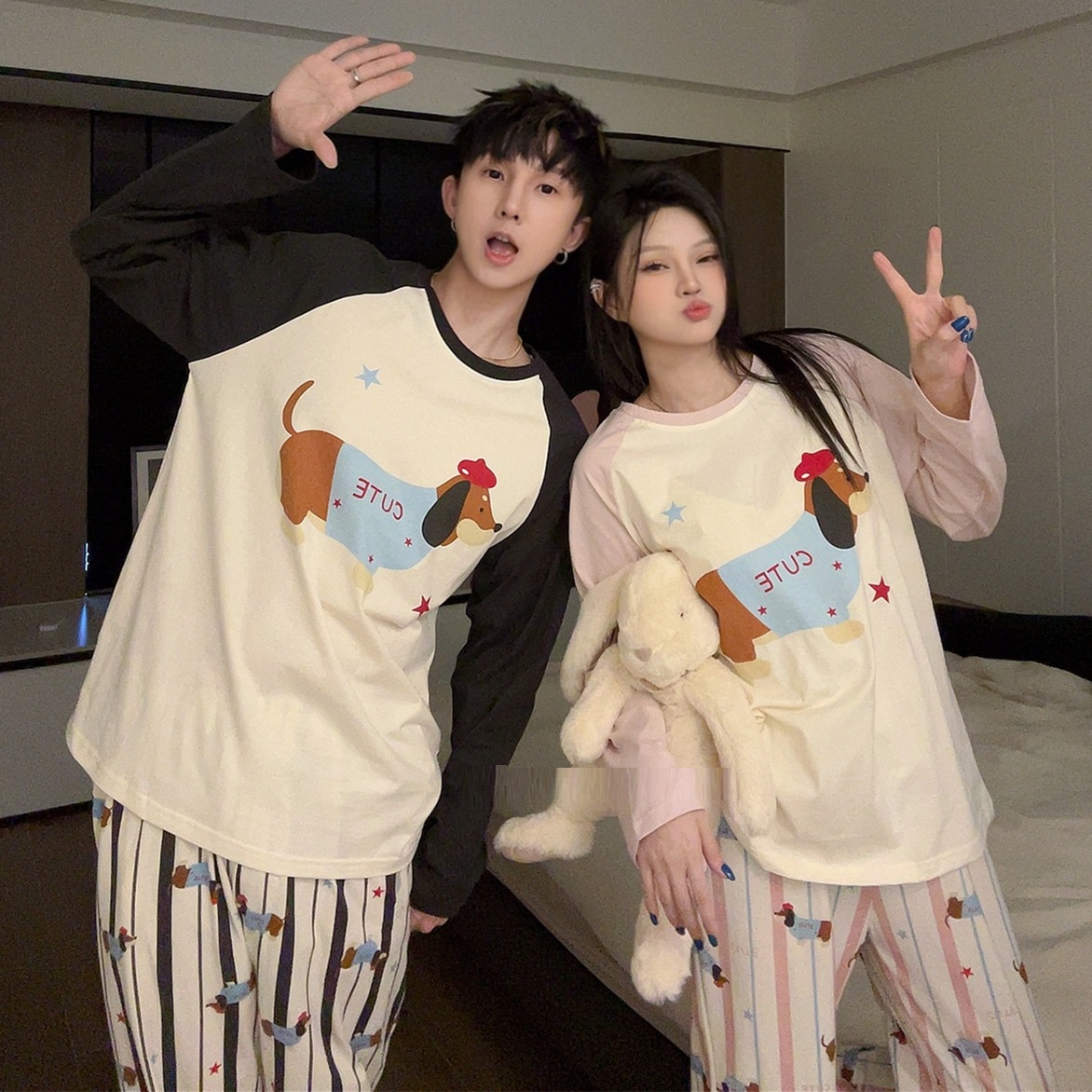 Cartoon Casual Cute Dachshund Couple Pajamas Women