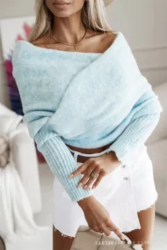 V-neck Cross Multi-color Sweater Trend Off The Shoulder - Light Blue - View 1