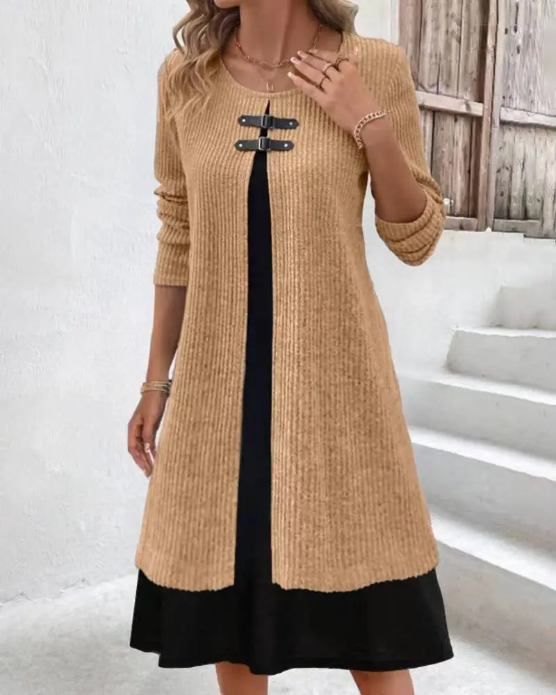 Contrast Color False Two-piece Suit Button Slim Fit Dress Sweater - Brown