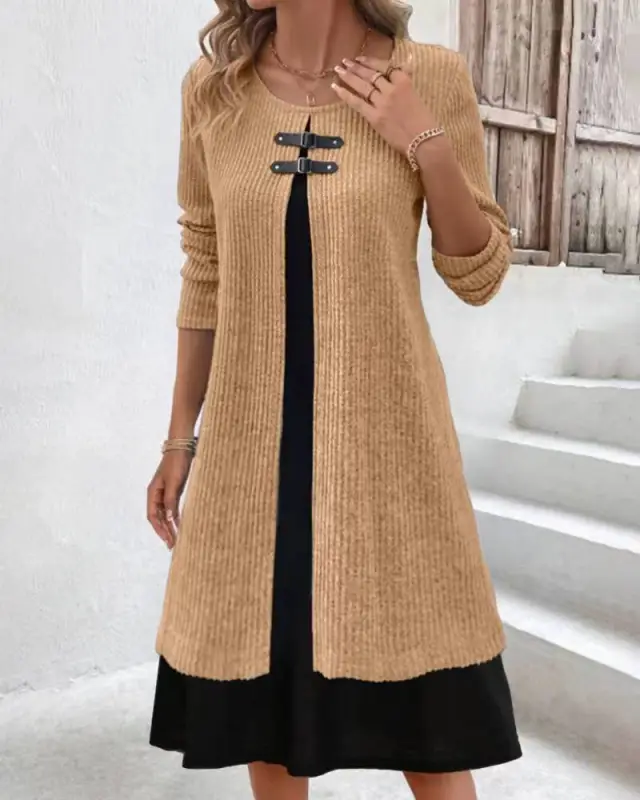 Contrast Color False Two piece Suit Button Slim Fit Dress Sweater Brown - Shop at LoveMi