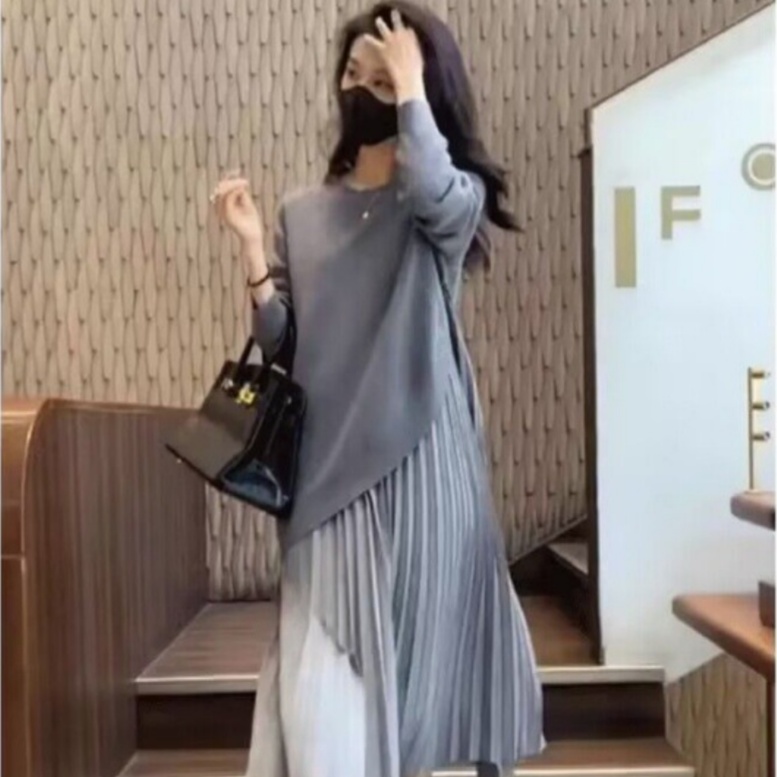 Fake Two Pieces Patchwork Knitting Dress Slimming Inner Base