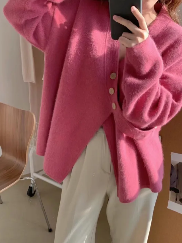 V neck Diagonal Buckle Loose Knit Sweater Jacket Rose Red - Shop at LoveMi