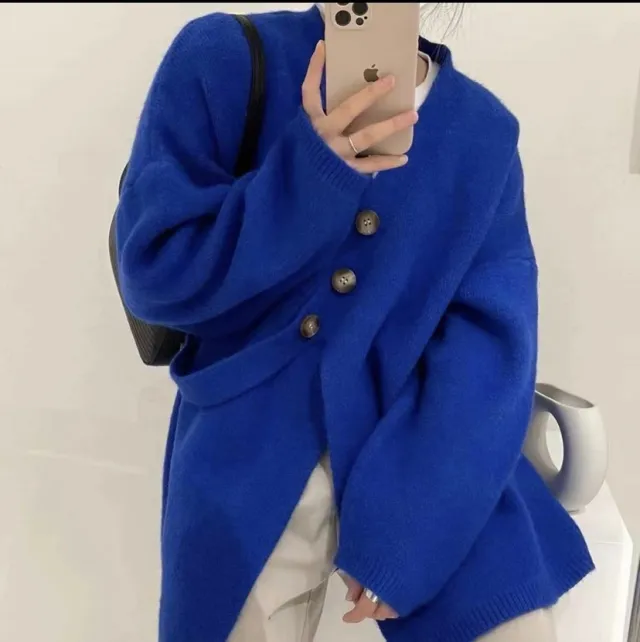 V neck Diagonal Buckle Loose Knit Sweater Jacket Klein Blue - Shop at LoveMi