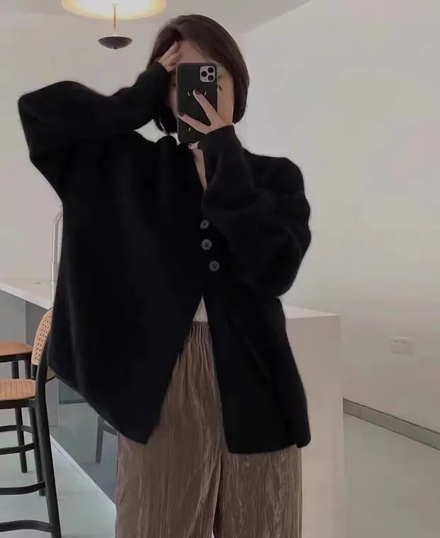 V neck Diagonal Buckle Loose Knit Sweater Jacket Black - Shop at LoveMi