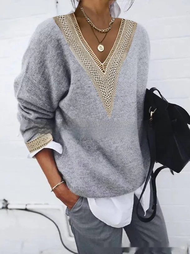 Long Sleeve Lace Collar Solid Color Knitted Sweater Gray - Shop at LoveMi