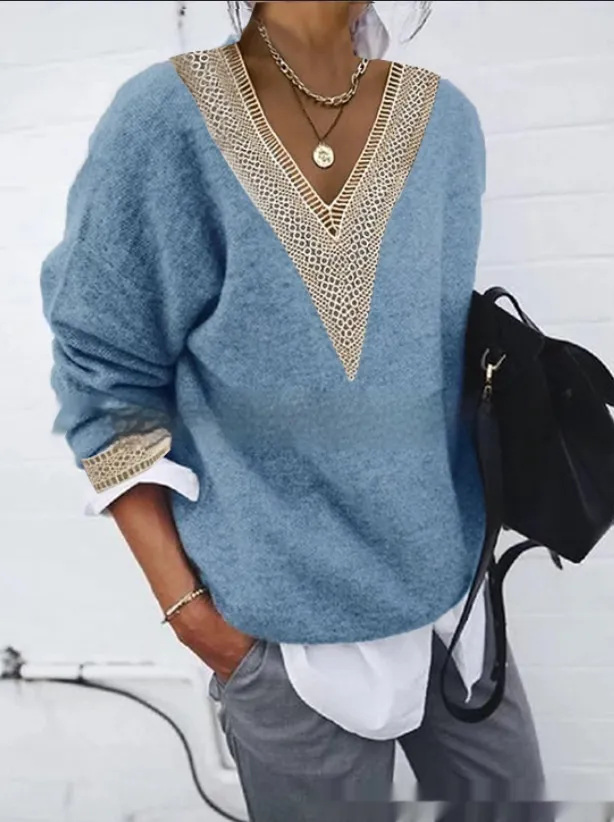 Long Sleeve Lace Collar Solid Color Knitted Sweater - Blue