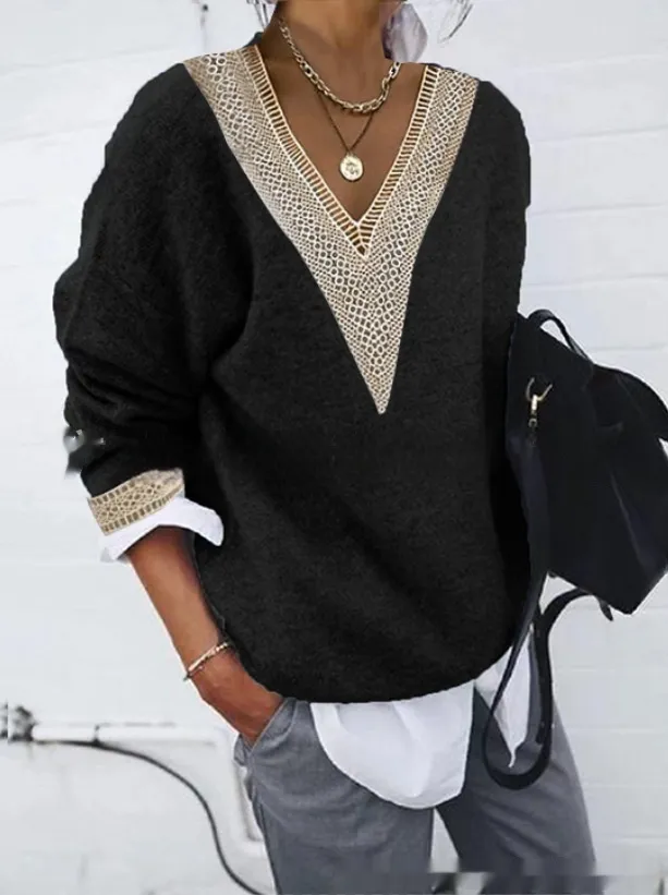 Long Sleeve Lace Collar Solid Color Knitted Sweater Black - Shop at LoveMi