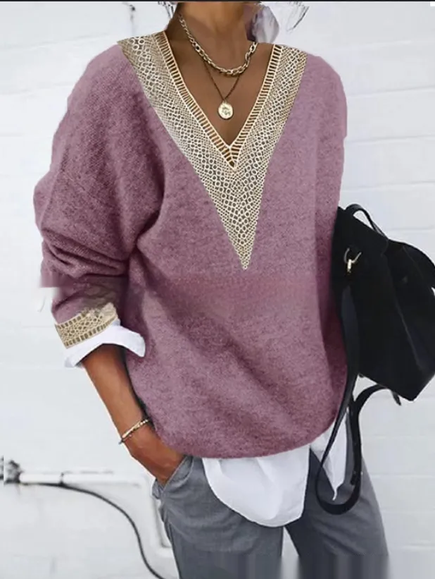 Long Sleeve Lace Collar Solid Color Knitted Sweater Pink - Shop at LoveMi
