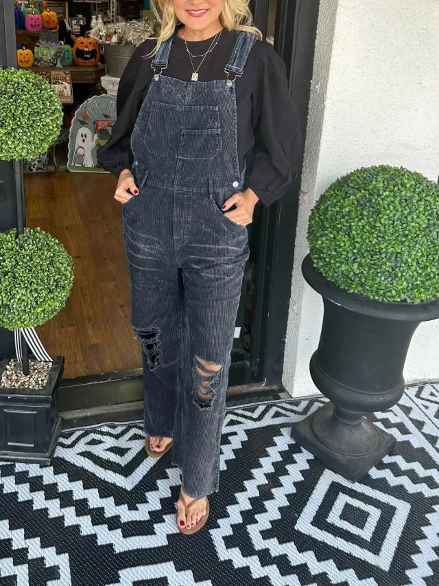 Women's Jumpsuit Corduroy Button Pocket Black - Shop at LoveMi