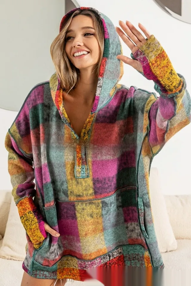 Fashion Color Plaid Hooded Pullover Fleece Sweater Women's Clothing Red - Shop at LoveMi