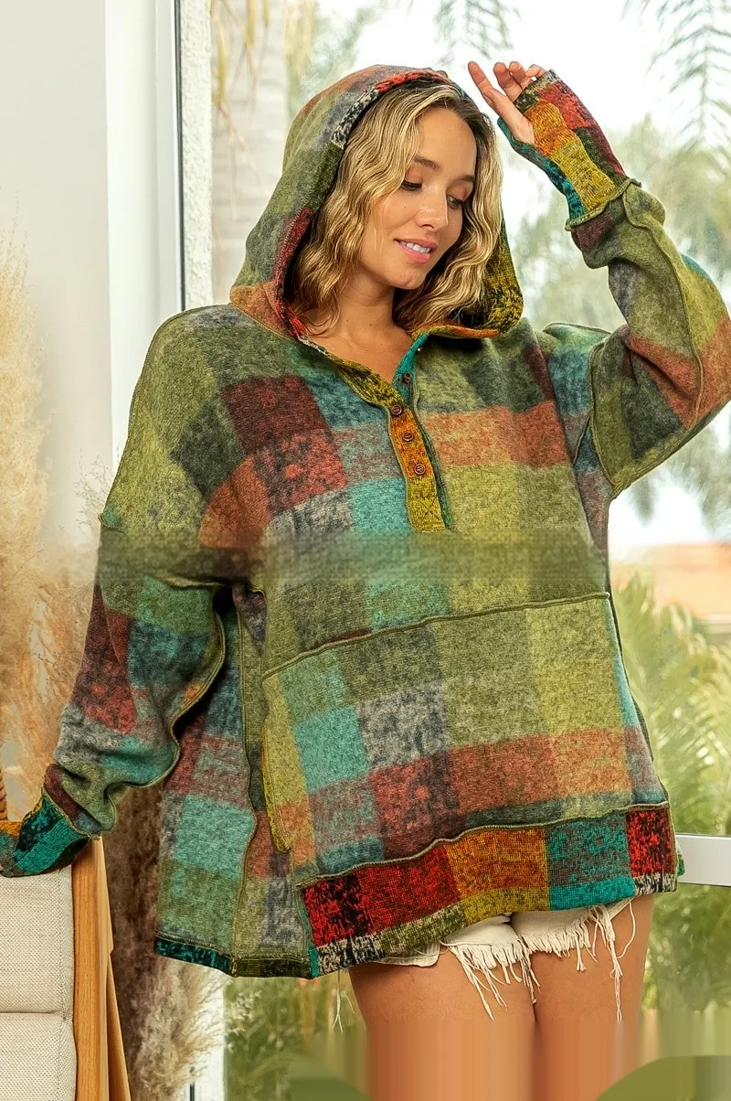 Fashion Colour Plaid Hooded Pullover Fleece Sweater Women's Clothing - Green