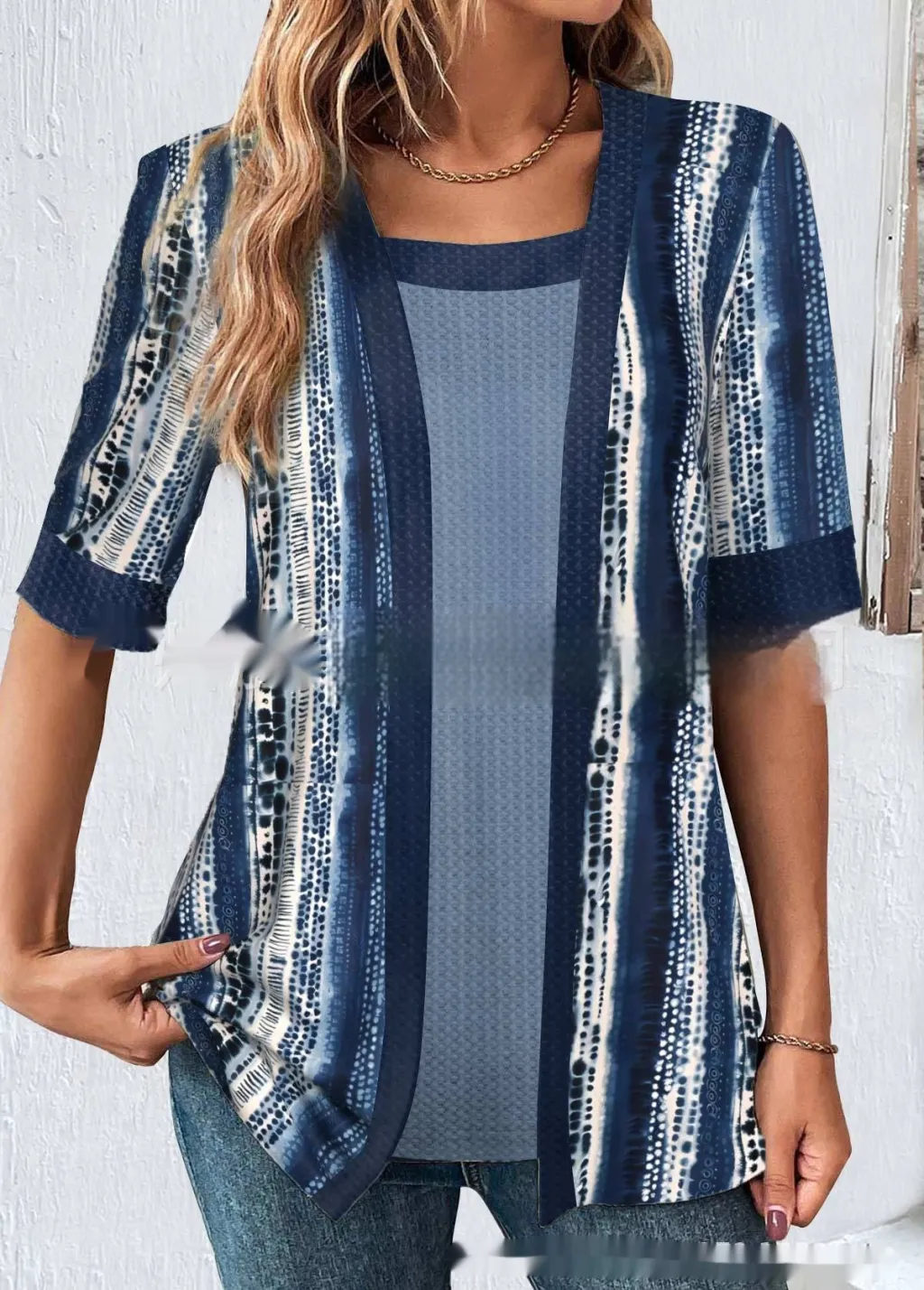 Women's Fake Two Pieces Short Sleeve Printed Top T-shirt - No 4 Color-Xl