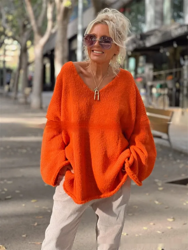 Women's Fashion V neck Long sleeve Knitwear 2 color Sweater Orange - Shop at LoveMi