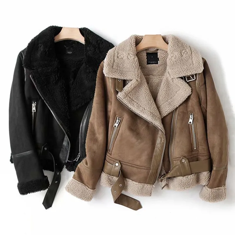 WInter Lapel Jacket Suede Lamb Wool Warm Coat Motorcycle