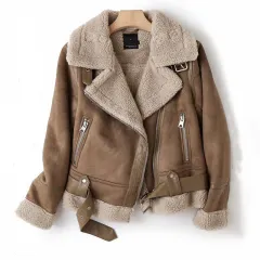 WInter Lapel Jacket Suede Lamb Wool Warm Coat Motorcycle Clothing Women Outwears - Khaki - View 1