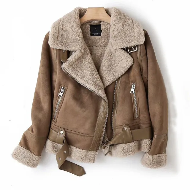 WInter Lapel Jacket Suede Lamb Wool Warm Coat Motorcycle Clothing Women Outwears Khaki - Shop at LoveMi