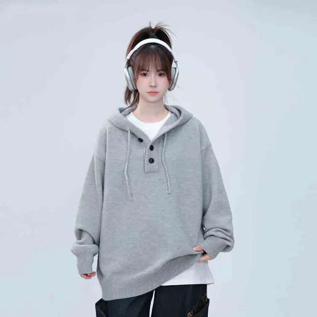 Hooded Sweater Half Cardigan Knitwear Gray - Shop at LoveMi