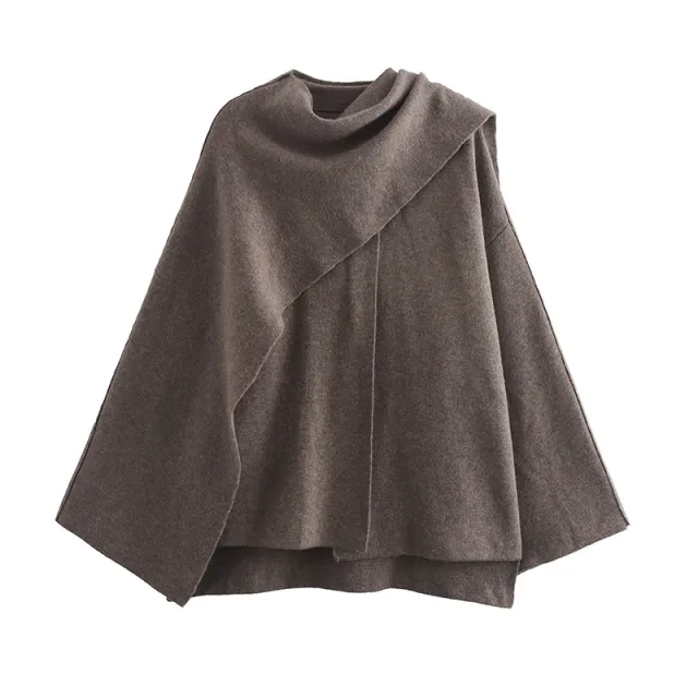 Solid Knitted Cardigan With Asymmetrical Scarf Design Fashion Short Coat Women Overcoat Jacket Winter Coffee - Shop at LoveMi