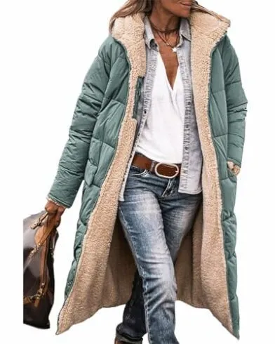 Solid Color Hooded Long Coat Winter Long Sleeve Double-sided Wear Slim Elegant Cardigan Jacket Top Women's Clothing - Light Green