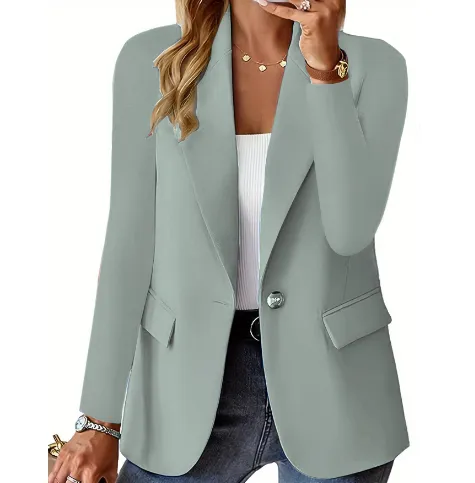 Ins Lapel Button Jacket Fashion Commuter Casual Suit Jacket Women's Long sleeved Tops Outwear Clothing Green - Shop at LoveMi