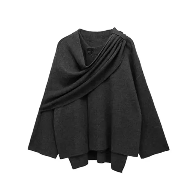Solid Knitted Cardigan With Asymmetrical Scarf Design Fashion Short Coat Women Overcoat Jacket Winter Black - Shop at LoveMi