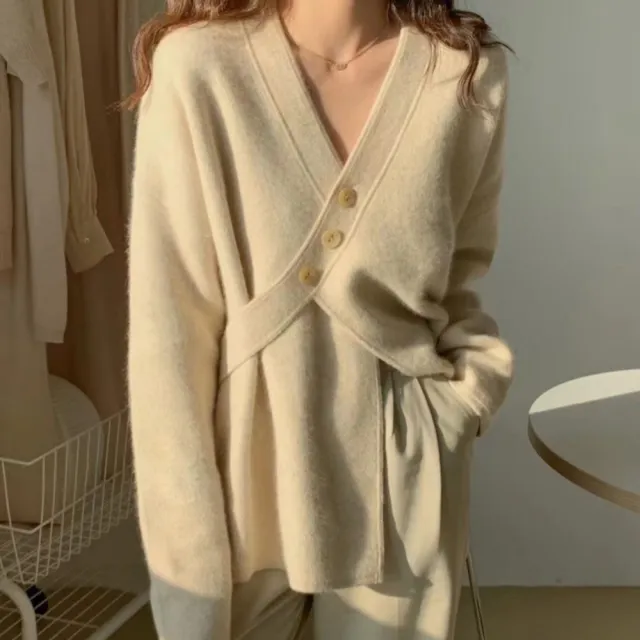 V neck Diagonal Buckle Loose Knit Sweater Jacket Beige - Shop at LoveMi