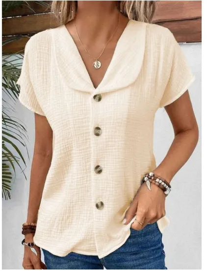 Summer Solid Color Fashion Short sleeved Cardigan Button Women's Top Apricot - Shop at LoveMi