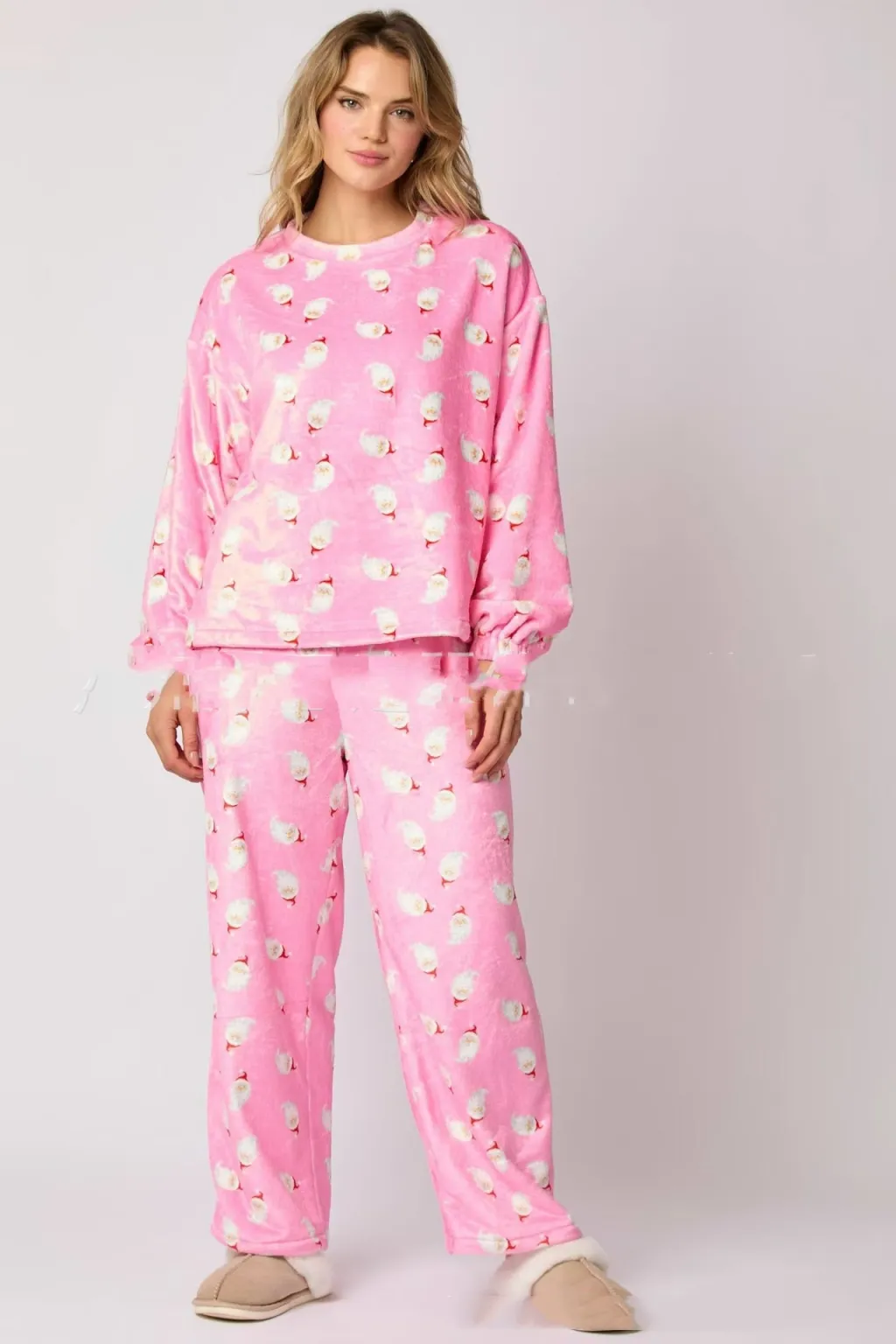 Casual Flannel Pajama Sets For Women Cute Long Sleeve Matching Lounge Shirts Sets Santa Claus Pajamas Homewear - Pink Santa Claus Head