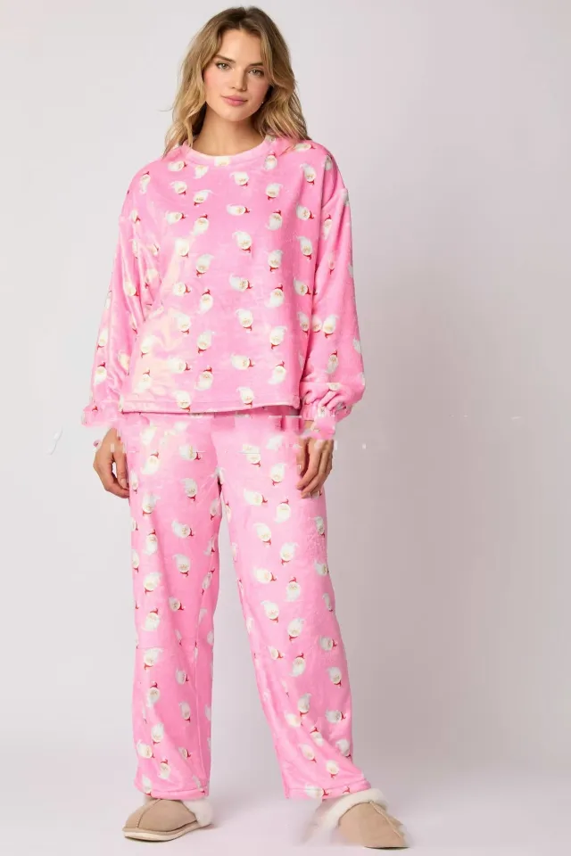 Casual Flannel Pajama Sets For Women Cute Long Sleeve Matching Lounge Shirts Sets Santa Claus Pajamas Homewear Pink Santa Claus Head - Shop at LoveMi