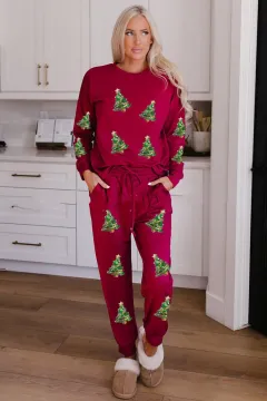 Women's Christmas Sequins Long Sleeve Pants Two-piece Set Fashion Casual Set - Red - View 1