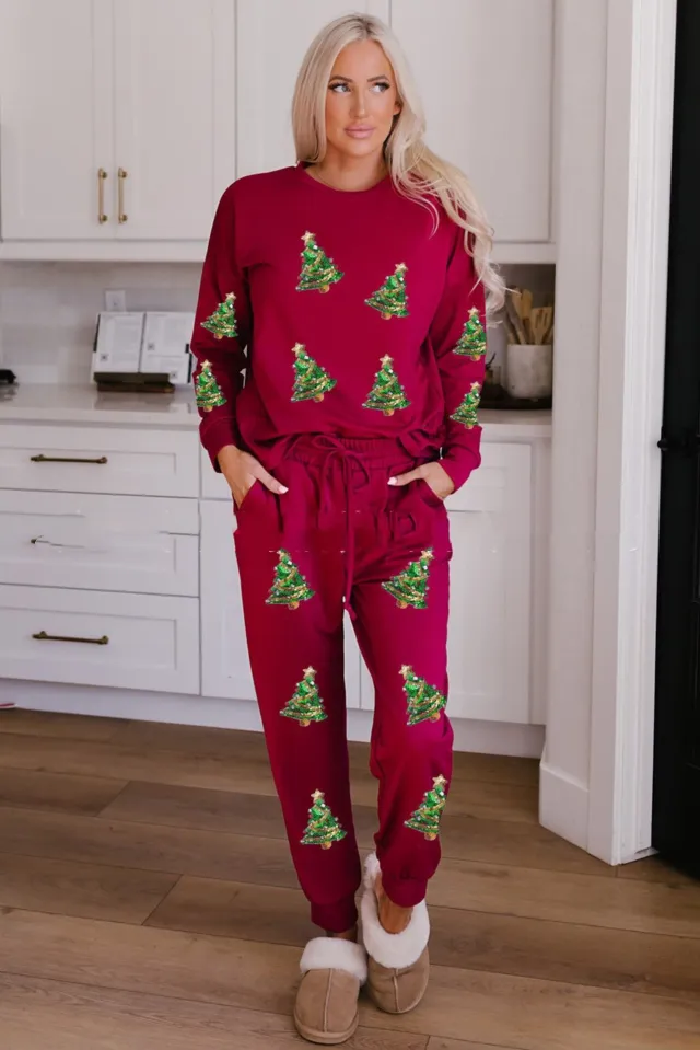 Women's Christmas Sequins Long Sleeve Pants Two piece Set Fashion Casual Set Red - Shop at LoveMi