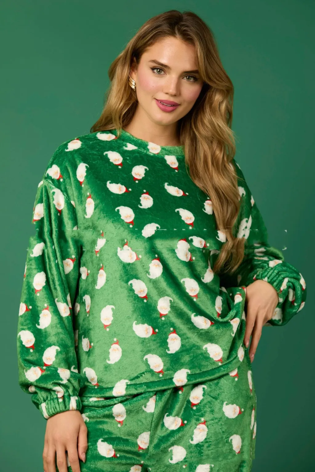 Casual Flannel Pajama Sets For Women Cute Long Sleeve Matching Lounge Shirts Sets Santa Claus Pajamas Homewear - Green Santa Claus Head