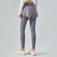 Elastic High Waist Anti-exposure Fake Two Pieces Mesh Leggings - Smoky Purple - View 1