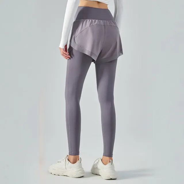 Elastic High Waist Anti exposure Fake Two Pieces Mesh Leggings Smoky Purple - Shop at LoveMi