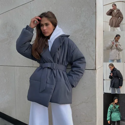 Winter Lapel Waisted Cotton Coat Fashion Solid Color Slim