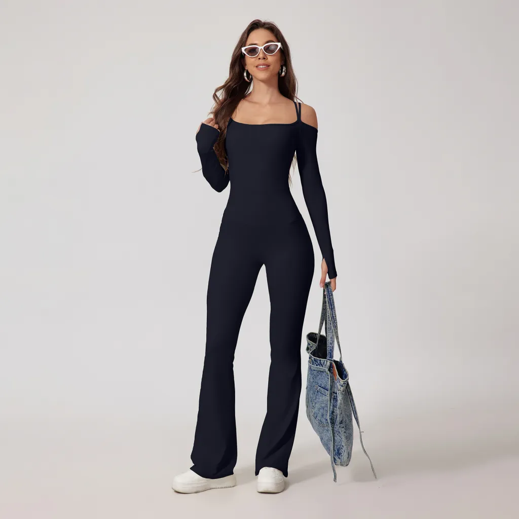 Women's Shoulder Strap Integrated Bell-bottom Pants - Black