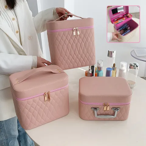 Portable Cosmetic Bag with Mirror Design Fashion Rhombus-Embroidery Double-layer
