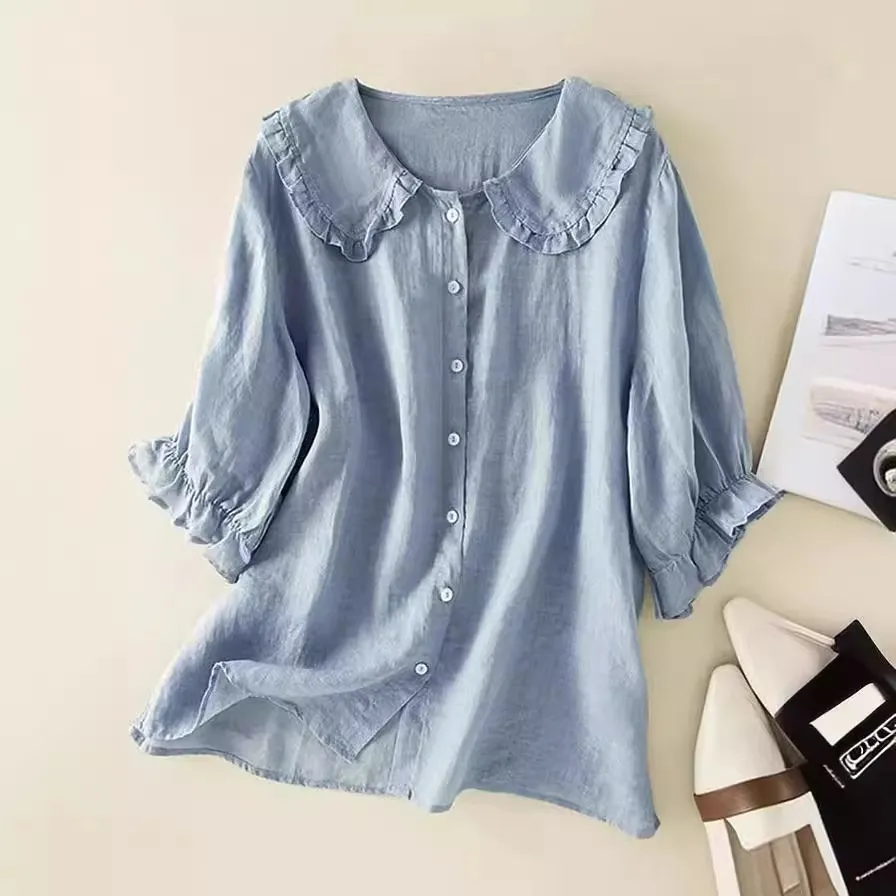 Loose Half Sleeve Shirt Women's Col Claudine Top