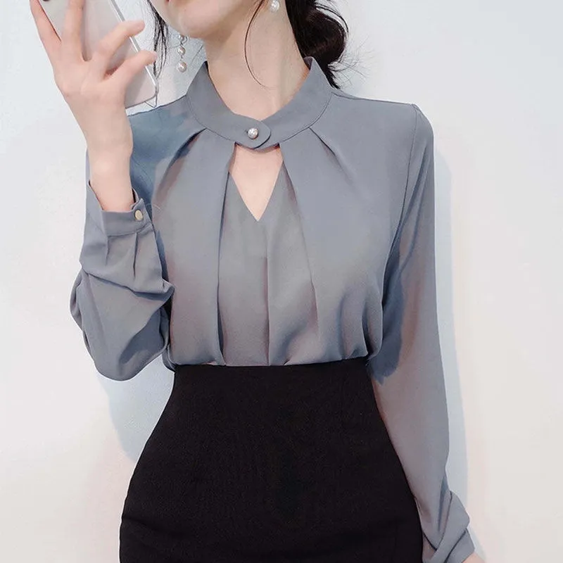 White Chiffon Shirt With Long Sleeves For Women - Grey