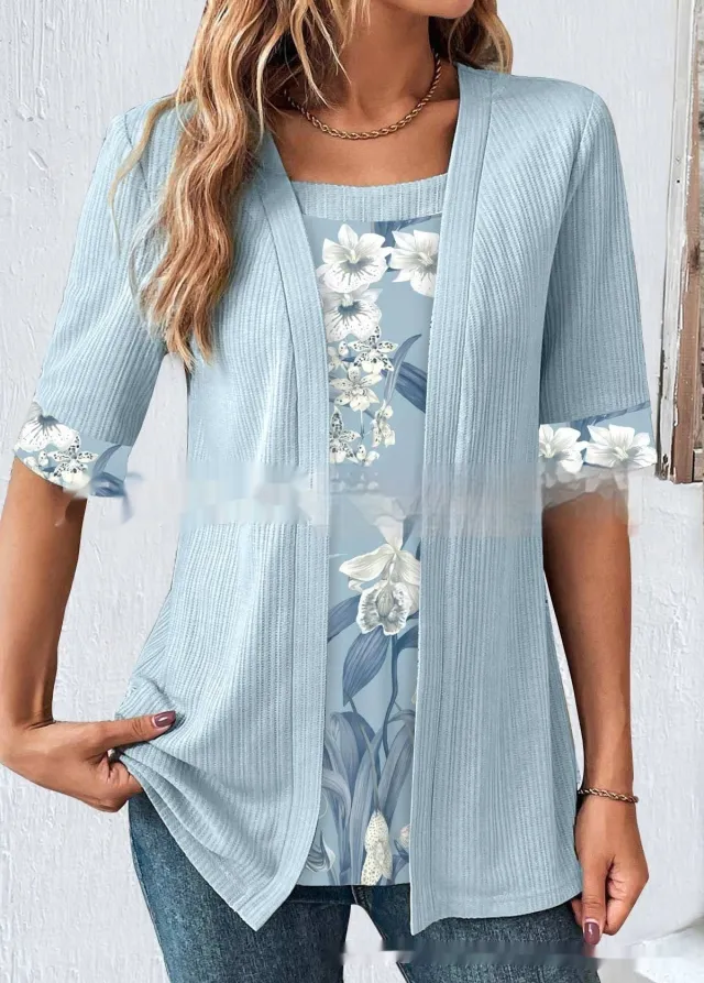 Women's Fake Two Pieces Short Sleeve Printed Top T shirt No 5 Color Xxxl - Shop at LoveMi