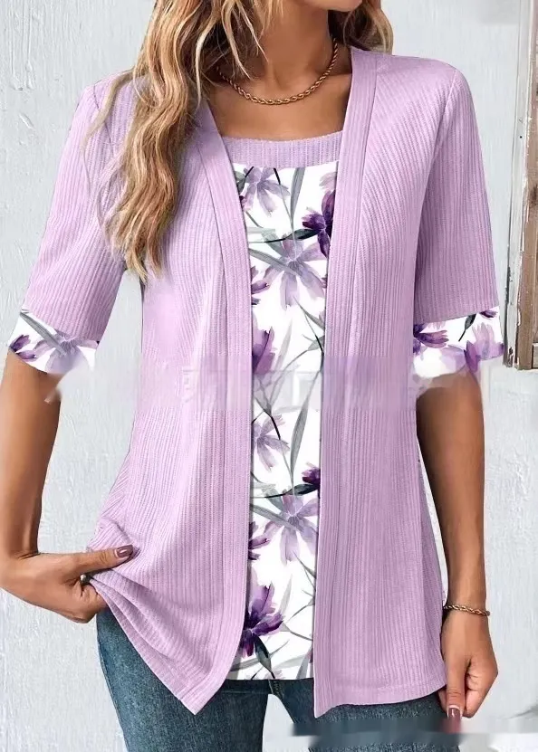 Women's Fake Two Pieces Short Sleeve Printed Top T shirt No 3 Color - Shop at LoveMi